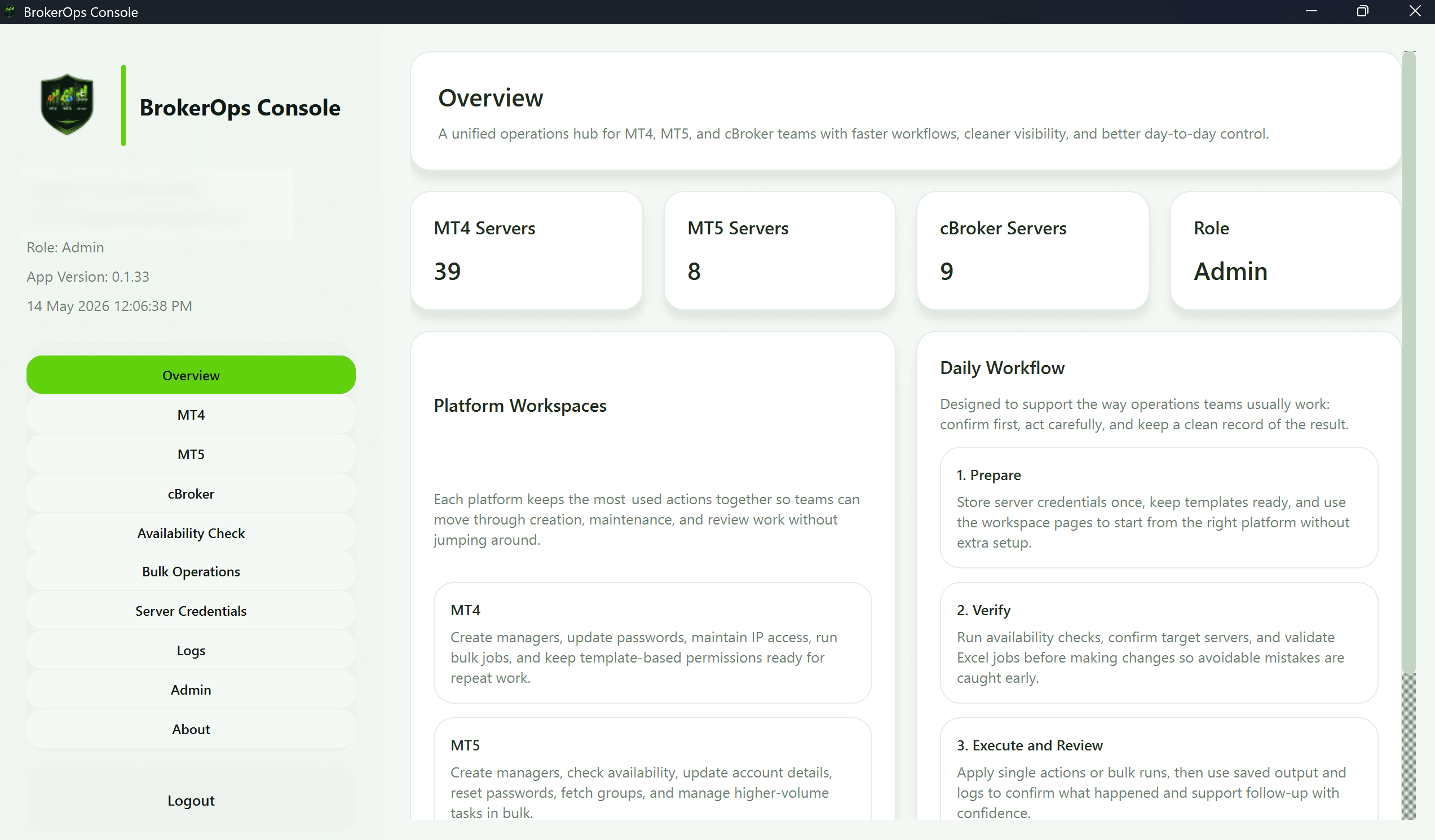 BrokerOps Console overview dashboard